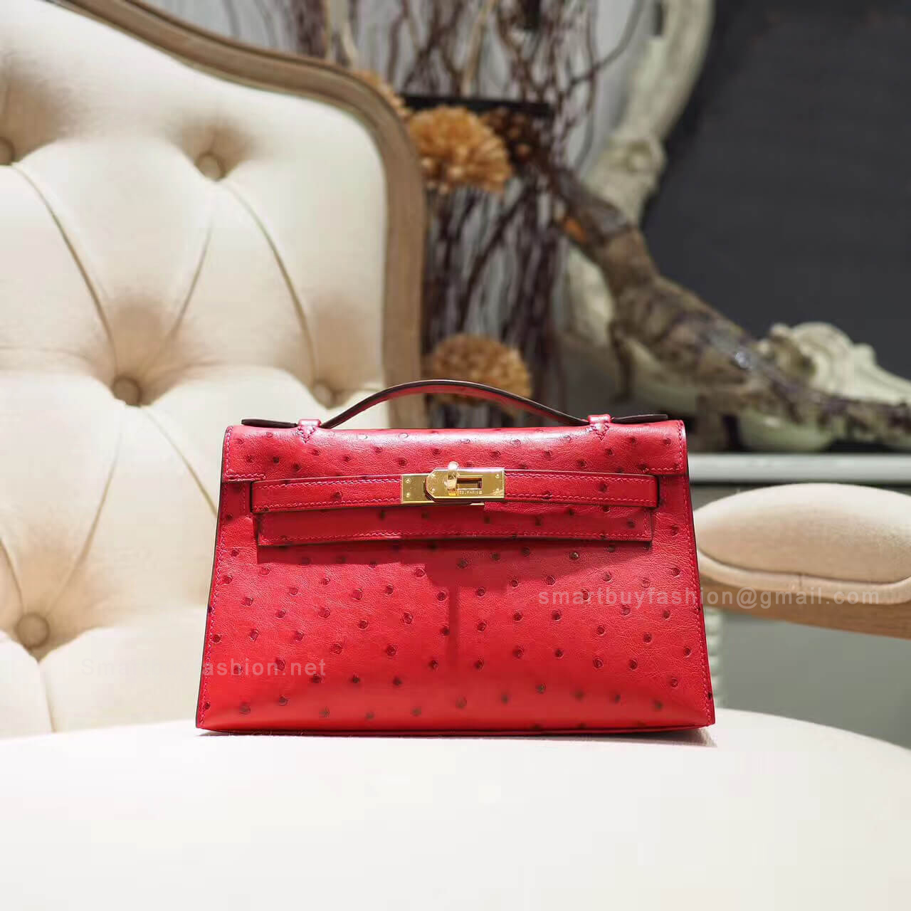 Hermes Mini Kelly 22 Pochette Bag in ck53 Rouge Vif Ostrich GHW